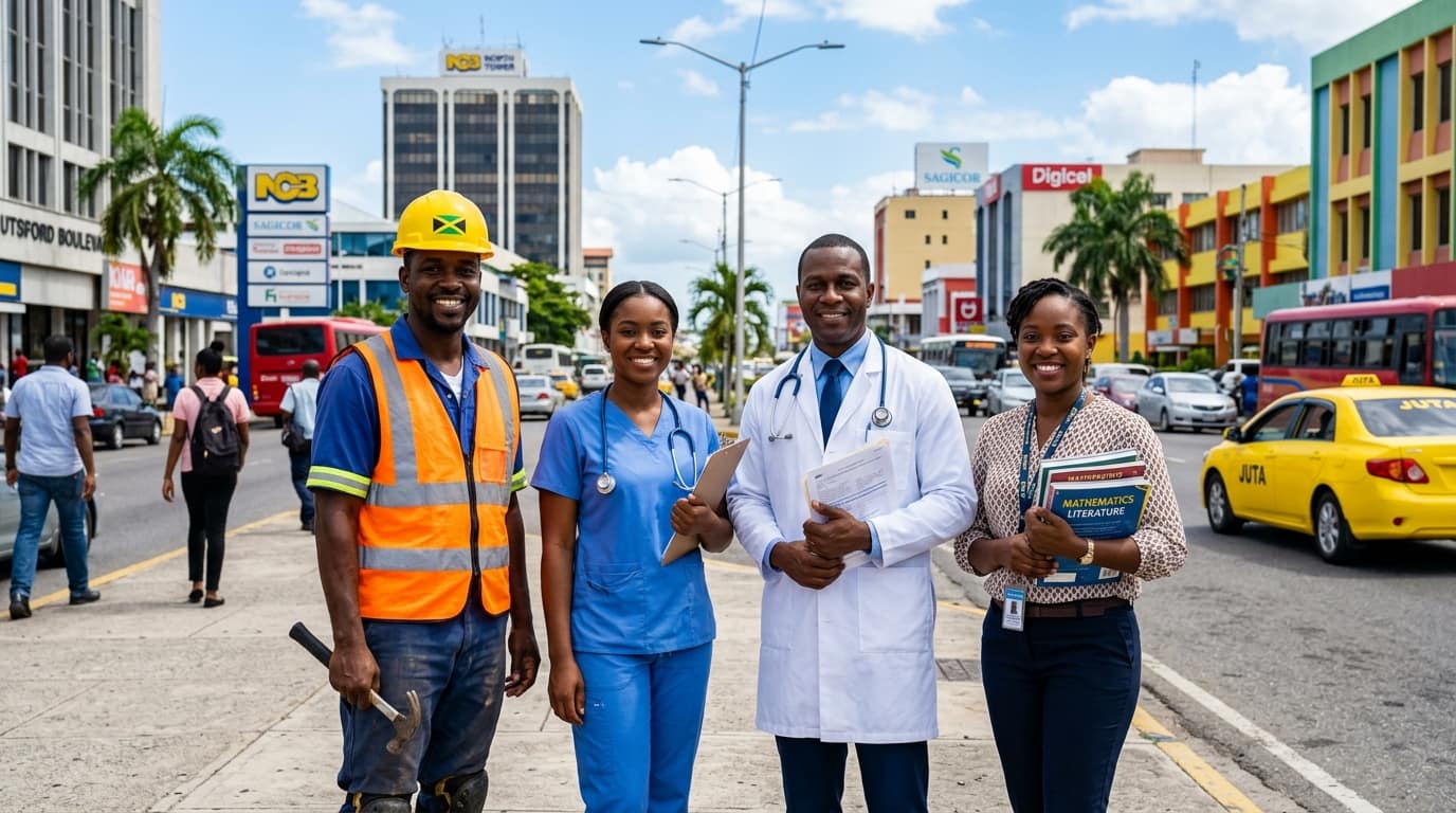 Professionals in construction, healthcare, and education on a busy street in Kingston, Jamaica