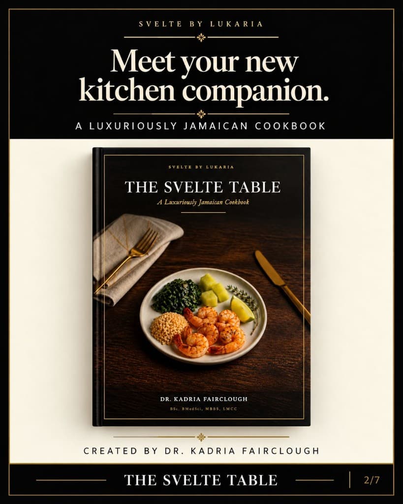 The Svelte Table cookbook cover, a luxuriously Jamaican cookbook by Dr. Kadria Fairclough